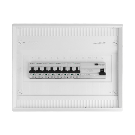 Sicherungskasten Aufputz Verteilerkasten 1-reihig 12 Module 8xMCB 1xRCCB VDE verdrahtet Verteilerschrank mit Sicherungen 245x305x96,5mm Hager Hohlwand Verteiler Doktorvolt DV-6296-NT