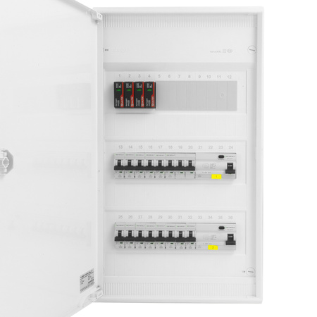Sicherungskasten Aufputz Verteilerkasten 3-reihig 36 Module 14xMCB 2xRCCB VDE Saltek Überspannungsschutz verdrahtet Verteilerschrank mit Sicherungen 515x305x96,5mm Hager Hohlwand Verteiler Abzweigklemmen Doktorvolt  DV-6340-NT