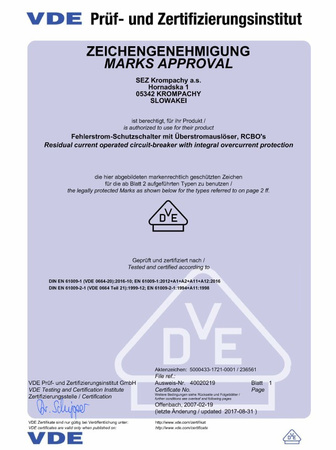 SEZ FI/LS B10 30mA 2p 10kA RCBO VDE FI/LS-Schalter Kombi Schalter 0090611