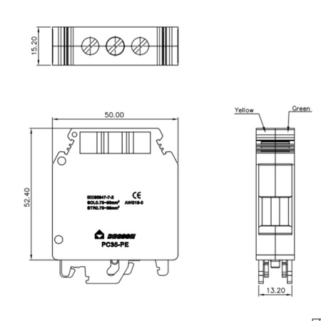 Schutzleiter-Reihenklemme 35mm2 gelb-grün Erdungsklemme PC35-PE-01P-1Y-00AH