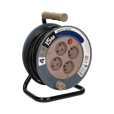 Kabeltrommel Verlängerungskabel franz. System MINI grau 3x1mm² 15m 4x2P+E OR-AE-1339/G