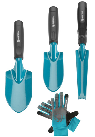 Gardena Gartenpflege-Set Unkrautstecher + Blumenkelle 6cm + Gartenschaufel 8cm + Arbeitshandschuhe M DVZ-0004