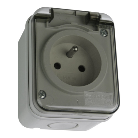 Steckdose belgisch/französisches System m. Klappdeckel Aufputz IP44 grau M-L 1592.FR
