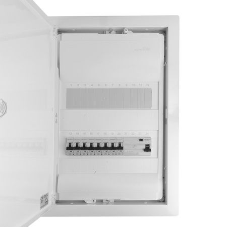 Sicherungskasten Unterputz Verteilerkasten 2-reihig 24 Module 8xMCB 1xRCCB VDE Unterverteilung verdrahtet Verteilerschrank mit Sicherungen 505,50x348x98mm Hager Hohlwand Verteiler Abzweigklemmen L1, L2, L3, N, PE Doktorvolt  DV-6210-PT