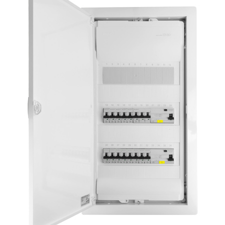 Sicherungskasten Unterputz Verteilerkasten 3-reihig 36 Module 14xMCB 1xRCCB VDE Unterverteilung verdrahtet Verteilerschrank mit Sicherungen 630,50x348x98mm Hager Hohlwand Verteiler Abzweigklemmen L1, L2, L3, N, PE Doktorvolt  DV-6234-PT