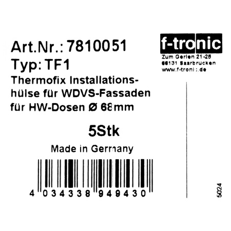 F-tronic TF-1 Installationshülse für gedämmte Fassaden Thermofix für Installation von Ø68mm Unterputzdosen in WDVS Dämmstoffe EPS blau 1 Stück 7810051