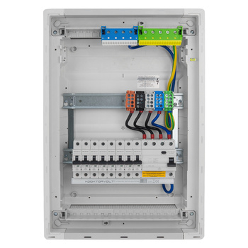 Sicherungskasten Unterputz Verteilerkasten 2-reihig 24 Module 8xMCB 1xRCCB VDE Unterverteilung verdrahtet Verteilerschrank mit Sicherungen 505,50x348x98mm Hager Hohlwand Verteiler Abzweigklemmen L1, L2, L3, N, PE Doktorvolt  DV-6210-PT