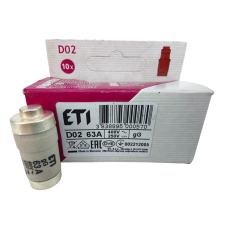 1 Stück Sicherungseinsatz Schmelzsicherung ETI Porzellan Sicherung D02 63A/400V 002212005