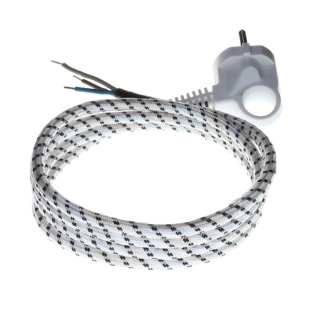 Anschlusskabel PP-S-15 H03RT-F 1,5m 3x0,75 mm² mit Winkelstecker Uni-Schuko 250V 16A in einem Geflecht Weiß-Schwarz T-07280