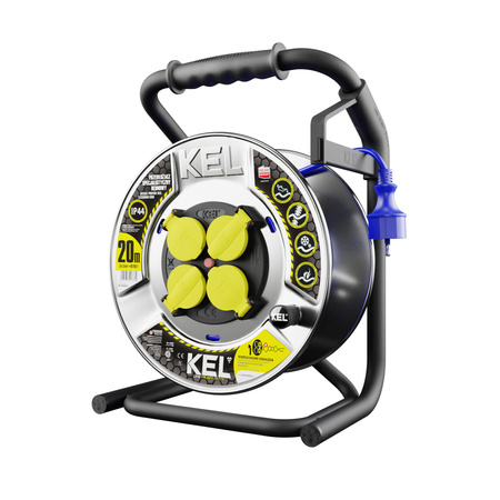 Kabeltrommel 20m HEAVY LINE blau mit Metalltrommel und 4 230 V-Steckdosen W-99435