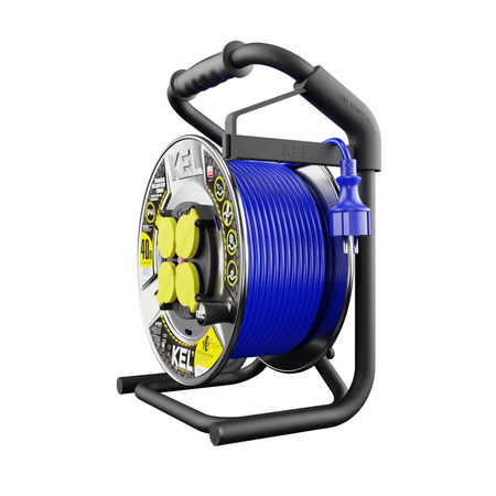 Kabeltrommel 40m HEAVY LINE blau mit Metalltrommel und 4 230 V-Steckdosen W-99459