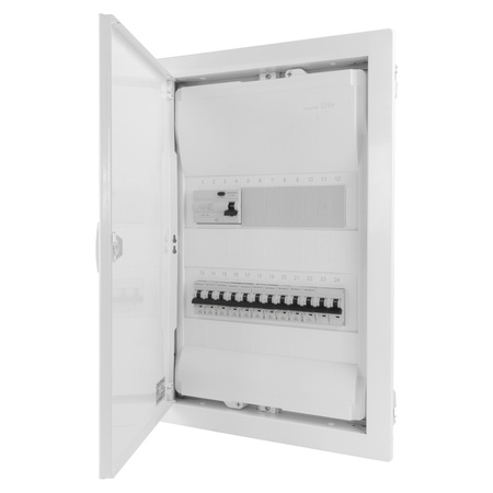 Sicherungskasten Unterputz Verteilerkasten 2-reihig 24 Module 10xMCB 1xRCCB VDE Unterverteilung verdrahtet Verteilerschrank mit Sicherungen 505,50x348x98mm Hager Hohlwand Verteiler Abzweigklemmen L1, L2, L3, N, PE Doktorvolt  DV-6227-PT