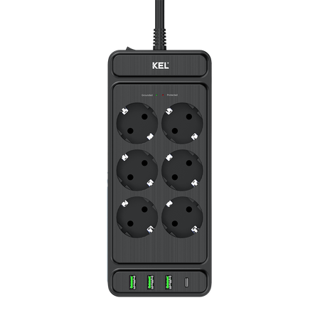 Steckdosenleiste mit 6x Schuko 230V 3x USB-A 1x USB-C 2m Schwarz W-00354
