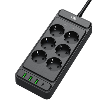 Steckdosenleiste mit 6x Schuko 230V 3x USB-A 1x USB-C 2m Schwarz W-00354