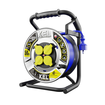 Kabeltrommel 50m HEAVY LINE 3x2,5mm Blau mit Metalltrommel 4x 230V-Steckdosen W-99471