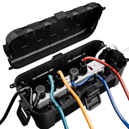 Kabelbox wasserdicht 29x13,2x10cm außen Kabelkasten für Verlängerungskabel, Steckdosenleisten große Elektrobox 6 Durchlässe Garten Organizer Schwarz Camping Box für Weihnachtsbaumbeleuchtung DV-6654 Doktorvolt