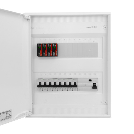 Sicherungskasten Aufputz Verteilerkasten 2-reihig 24 Module 8xMCB 1xRCCB VDE Saltek Überspannungsschutz verdrahtet Verteilerschrank mit Sicherungen 370x305x96,5mm Hager Hohlwand Verteiler Abzweigklemmen Doktorvolt  DV-6302-NT