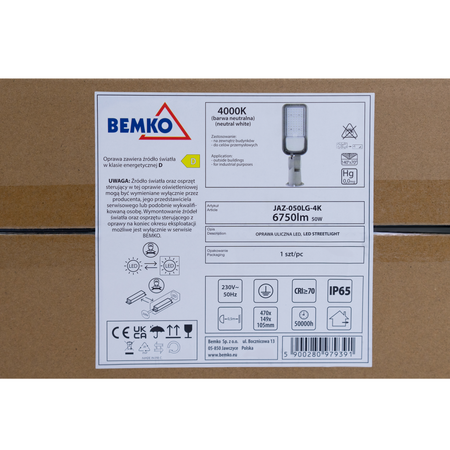 Straßenleuchte Straßenlaterne Straßenlampe JAZMIN 50W 4000K 6750LM IP65 Hellgrau C82-JAZ-050LG-4K