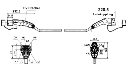 Ladekabel Typ 1 auf Typ 2 230V 32A 7.3kW IP54 5 Meter Ersatzteil Wallbox Elektroauto EV MHAC-S-032A-VP1