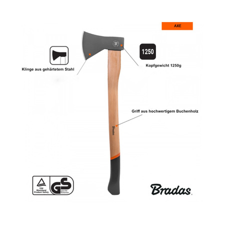 Bradas Universalaxt Spaltaxt 1250g Länge 71 cm für Garten und Wald 5150