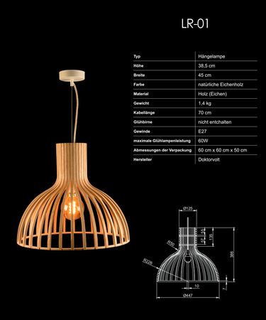 Hängelampe Decken Lampe Holz Eiche Beleuchtung Doktorvolt DV-6122-LR-01