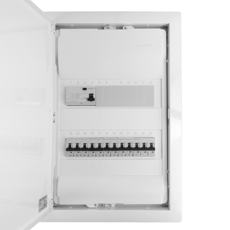 Sicherungskasten Unterputz Verteilerkasten 2-reihig 24 Module 10xMCB 1xRCCB VDE Unterverteilung verdrahtet Verteilerschrank mit Sicherungen 505,50x348x98mm Hager Hohlwand Verteiler Abzweigklemmen L1, L2, L3, N, PE Doktorvolt  DV-6227-PT