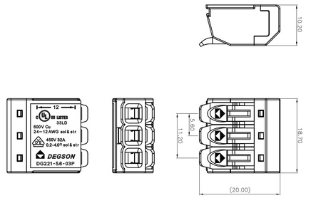 10 Stück Verbindungsklemmen 3x0.2-4.0 mm² VDE UL 450V 32A DGN 10-DG221-5.6-03P