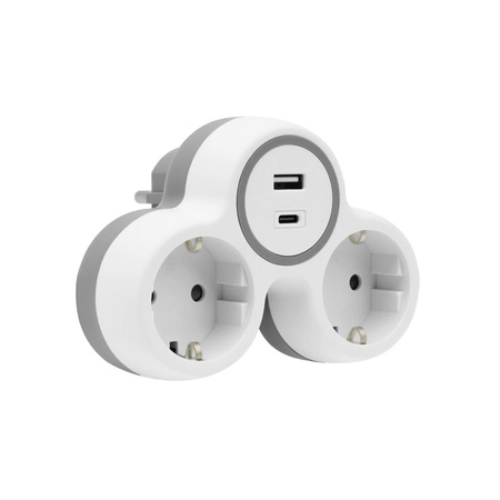 Zweifach Steckdosenadapter 2x Schuko 230V 2x USB Grau-Weiß W-72010