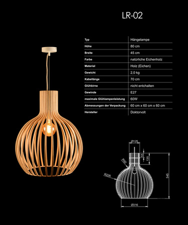 Hängelampe Decken Lampe Holz Eiche Beleuchtung Doktorvolt DV-6139-LR-02