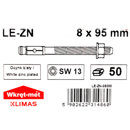 Bolzenanker 8x95mm Schwerlastanker mit Mutter und Unterlegscheibe Schwerlastdübel Stahlanker verzinkt 50 Stück Klimas LE-ZN-08095