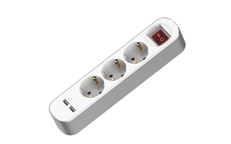 Steckdosenleiste 3-fach 3x2p+Z Schuko 2xUSB mit Schalter 3m 230V 16A Weiß W-102092