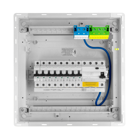 Sicherungskasten Unterputz Verteilerkasten 1-reihig 12 Module 8xMCB 1xRCCB VDE Unterverteilung verdrahtet Verteilerschrank mit Sicherungen 356x348x98mm Hager Hohlwand Verteiler Doktorvolt  DV-6197-PT
