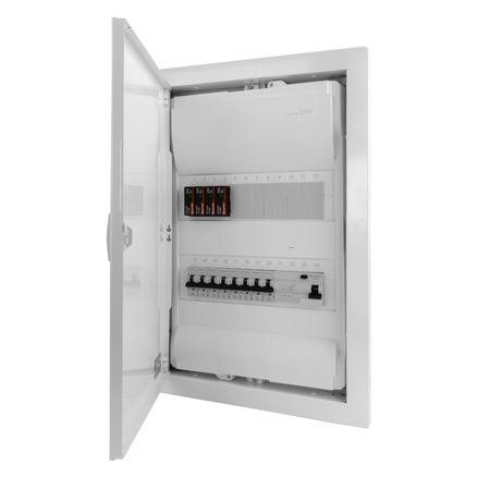 Sicherungskasten Unterputz Verteilerkasten 2-reihig 24 Module 8xMCB 1xRCCB VDE Saltek Überspannungsschutz Unterverteilung verdrahtet Verteilerschrank mit Sicherungen 505,50x348x98mm Hager Hohlwand Verteiler Abzweigklemmen Doktorvolt  DV-6203-PT