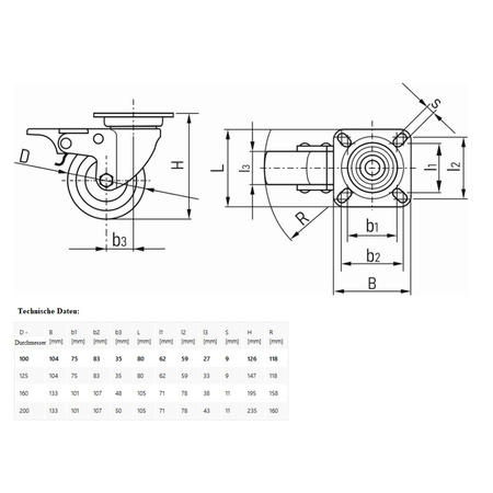 Lenkrolle Stahl Gummi mit Feststeller Ø100/125/160/200 mm G71520