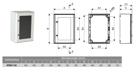 Feuchtraumverteiler Gehäuse Schaltschrank Leergehäuse Verteilerkasten HYDRA T 685 IP65 transparente Tür DV-1530-HYDRA T 685