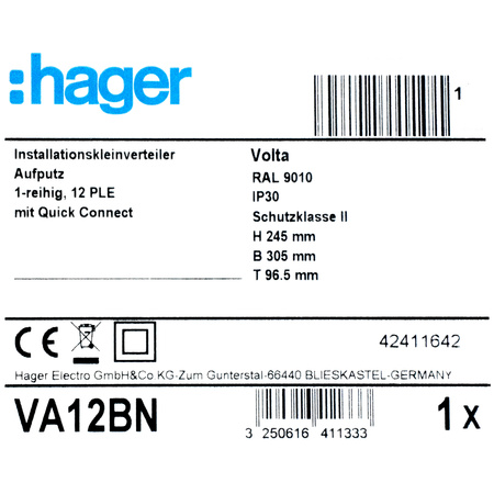 Verteilerschrank Aufputz Kleinverteiler 1 Reihe 12 Modulen Verteilerkasten Kleinverteiler weiß Hager VA12BN