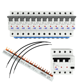 Set 1x Fi-Schalter 40A 30mA 12xAutomat B16 A Brücke 3P Phasenschiene 12p 10mm2 2961