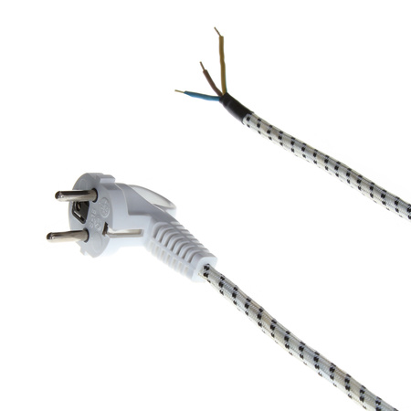 Anschlusskabel PP-S-15 H03RT-F 1,5m 3x0,75 mm² mit Winkelstecker Uni-Schuko 250V 16A in einem Geflecht Weiß-Schwarz T-07280
