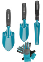 Gardena Gartenpflege-Set Unkrautstecher + Blumenkelle 6cm + Gartenschaufel 8cm + Arbeitshandschuhe M DVZ-0004